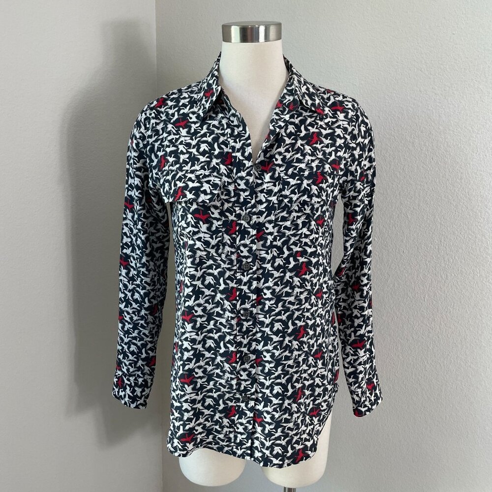 Equipment‎ Femme Womens XS Bird Crane Print 100% Silk Button Up Blouse Top